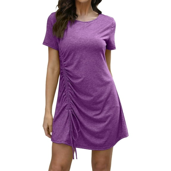 Lroveb Swimsuit Coverup for Women Summer Fashion New Solid Color Drawstring Short Sleeved Round Neck Plus Size Dress Bathing Suit Cover Up