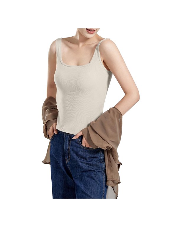 Tank Top with Built in Bra for Women Solid Color Vest Chest Cushion Slim Fit Underwear U Neck Backless Base Shirt Threaded Black Inner Tank Tops