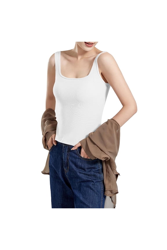 Tank Top with Built in Bra for Women Solid Color Vest Chest Cushion Slim Fit Underwear U Neck Backless Base Shirt Threaded Black Inner Tank Tops