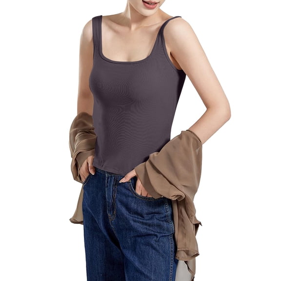 Lroveb Tank Top with Built in Bra for Women Solid Color Vest Chest Cushion Slim Fit Underwear U Neck Backless Base Shirt Threaded Black Inner Tank Tops