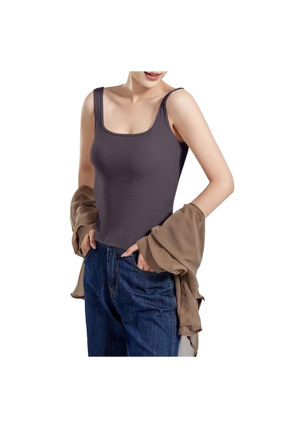 Tank Top with Built in Bra for Women Solid Color Vest Chest Cushion Slim Fit Underwear U Neck Backless Base Shirt Threaded Black Inner Tank Tops