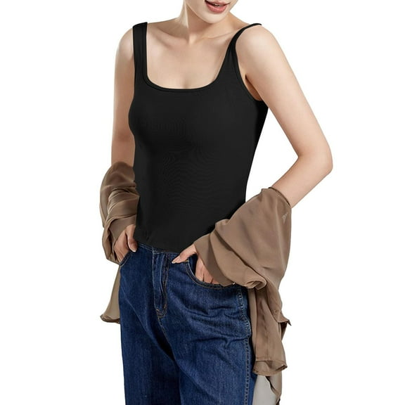 Lroveb Tank Top with Built in Bra for Women Solid Color Vest Chest Cushion Slim Fit Underwear U Neck Backless Base Shirt Threaded Black Inner Tank Tops