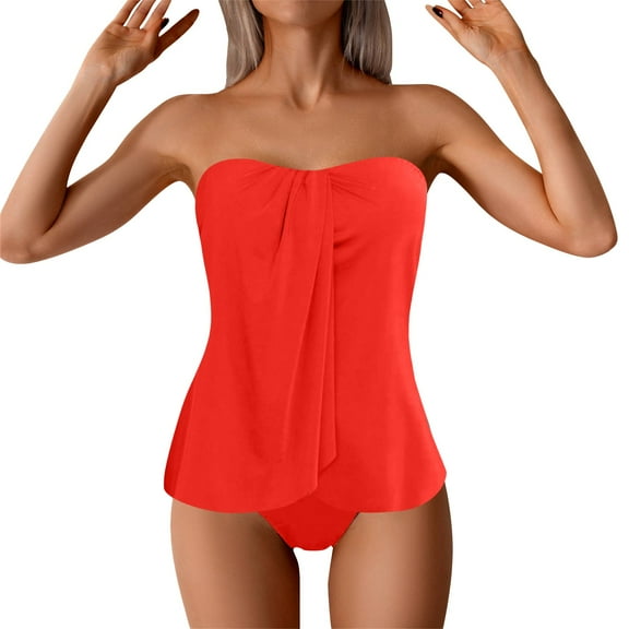 Lroveb Tankini Swimsuits for Women Strapless Bandeau Swimsuit Trendy Slimming Solid Color 2 Piece Bathing Suit Padded Push Up Swimwear