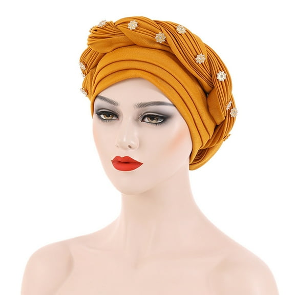 Lroveb Turbans for Women Head Wrap Hijab Fashion Beading Braid Hat Muslim Ruffle Cancer Cap Sleep Caps Satin Lined Hair Bonnets Beanie Hat