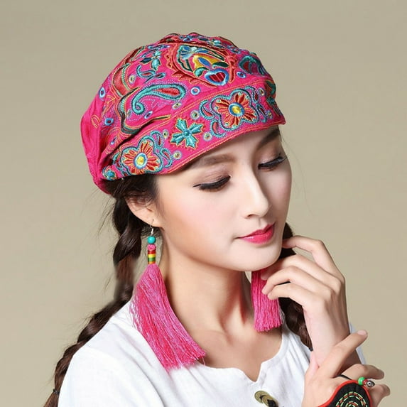 Lroveb Turbans for Women Head Wrap Hijab Mexican Style Ethnic Vintage Embroidery Flowers Bandanas Red Print Hat Beanie Hat