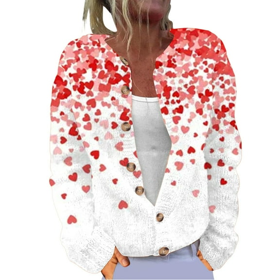 Lroveb Valentines Day Sweaters for Women Long Sleeve Heart Cardigan Button Open Front Woolen Sweater Coat Knitted Trendy Outwear White