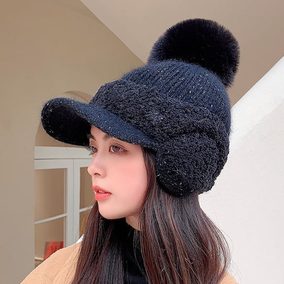 Lroveb Visor Hats for Women Fall Winter Ear Protection Warm Baseball Wool Ball Cap Thickened Fleece Duck Tongue Knitted Newsboy Hat