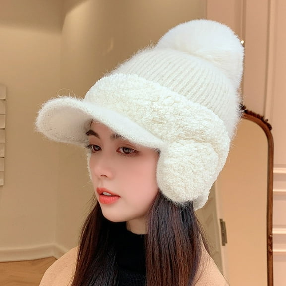 Lroveb Visor Hats for Women Fall Winter Ear Protection Warm Baseball Wool Ball Cap Thickened Fleece Duck Tongue Knitted Newsboy Hat