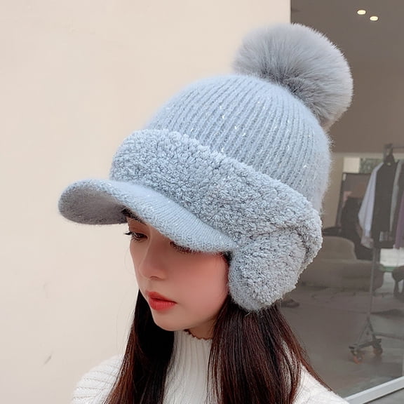 Lroveb Visor Hats for Women Fall Winter Ear Protection Warm Baseball Wool Ball Cap Thickened Fleece Duck Tongue Knitted Newsboy Hat