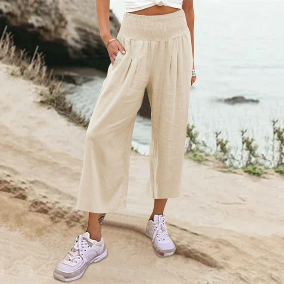 Lroveb Wide Leg Pants for Women, High Waisted Lounge Pants Womens, Womens Pockets Elastic Solid Loose Pants Casual Long Trousers Beige