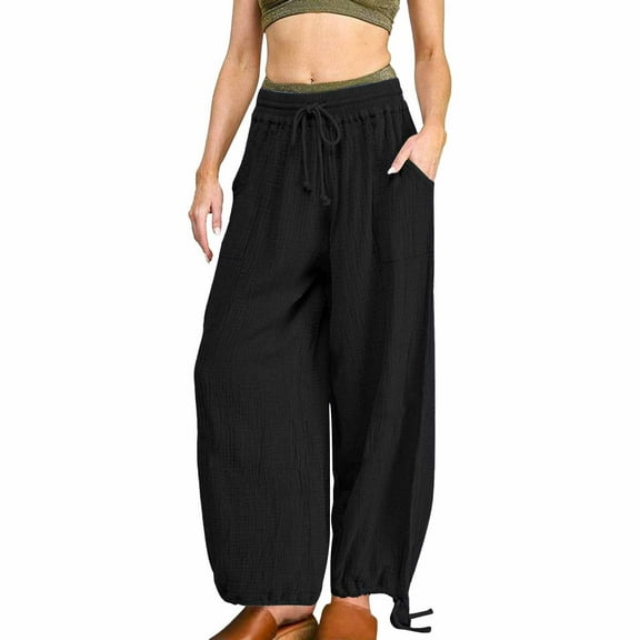 Lroveb Wide Leg Pants for Women, High Waisted Summer Pants Womens, Womens Solid Color Fashionable Casual Loose Drawstring Pocket Pants Black