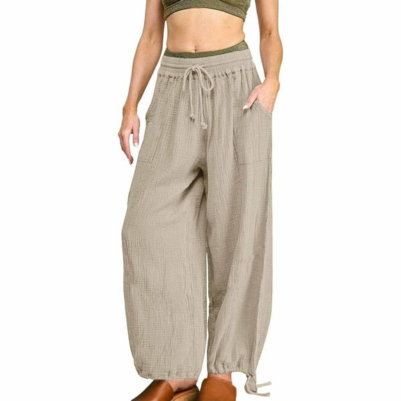 Lroveb Wide Leg Pants for Women, High Waisted Summer Pants Womens, Womens Solid Color Fashionable Casual Loose Drawstring Pocket Pants Brown