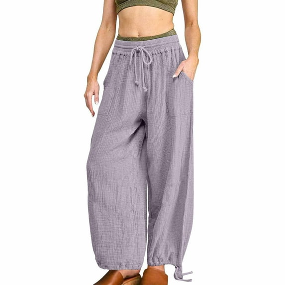 Lroveb Wide Leg Pants for Women, High Waisted Summer Pants Womens, Womens Solid Color Fashionable Casual Loose Drawstring Pocket Pants Purple