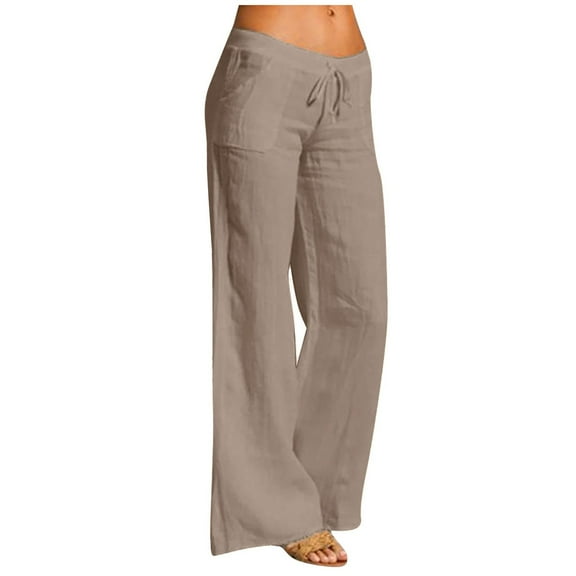 Lroveb Wide Leg Pants for Women, Womens High Waisted Cotton Linen Pants, Casual Solid Elastic Drawstring Long Pants Brown