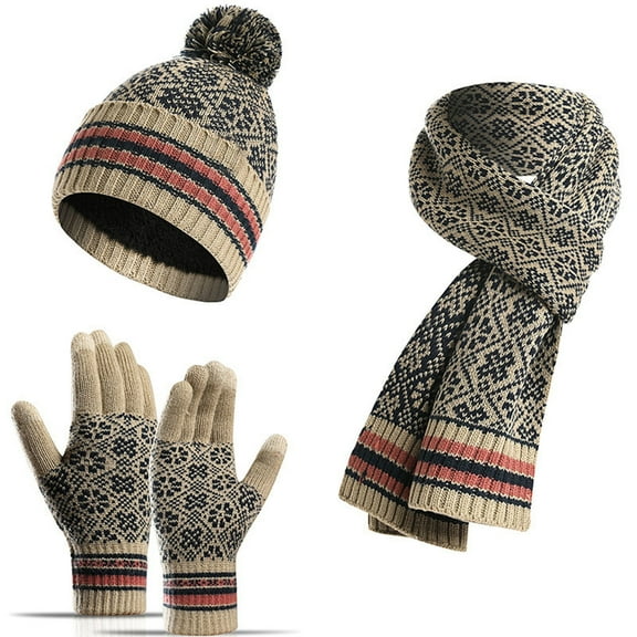 Lroveb Women Men Scarf Hat and Gloves Set Snowflake Print Scarf Gloves with Pom Outfits