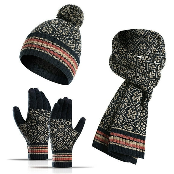 Lroveb Women Men Scarf Hat and Gloves Set Snowflake Print Scarf Gloves with Pom Outfits