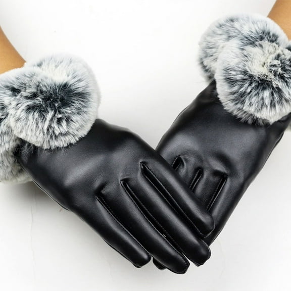 Lroveb Womens Faux Leather Gloves Women Lady Black Gloves Fall Winter Warm Rabbit Fur Mittens Gloves
