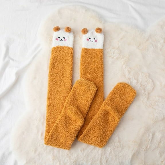 Lroveb Womens Fuzzy Fleece Stockings Womwn Coral Socks Over The Knee Thicken Warm Sleeping Towel Striped Thigh High Stocking