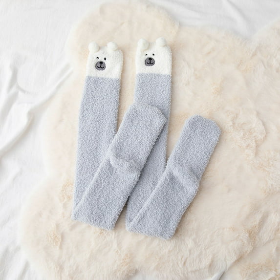 Lroveb Womens Fuzzy Fleece Stockings Womwn Coral Socks Over The Knee Thicken Warm Sleeping Towel Striped Thigh High Stocking