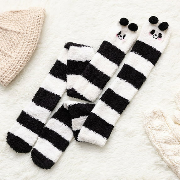 Lroveb Womens Fuzzy Fleece Stockings Womwn Coral Socks Over The Knee Thicken Warm Sleeping Towel Striped Thigh High Stocking
