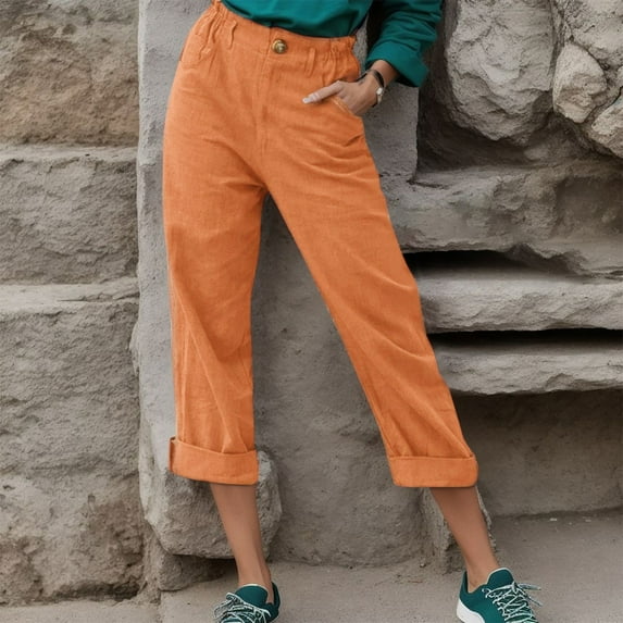 Lroveb Womens Linen Pants, High Waisted Summer Beach Lounge Pants, Cotton Pants Drawstring Back Elastic Casual Trousers Orange