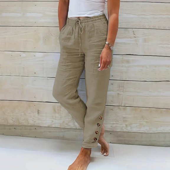 Lroveb Womens Linen Pants, High Waisted Summer Beach Lounge Pants, Spring Leisure Elastic Solid Straight Tube Casual Button Pants Khaki