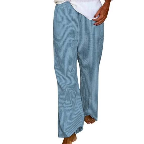 Lroveb Womens Linen Pants, High Waisted Summer Beach Lounge Pants, Striped Cotton Linen Loose Fashion Casual Straight Leg Pants Blue