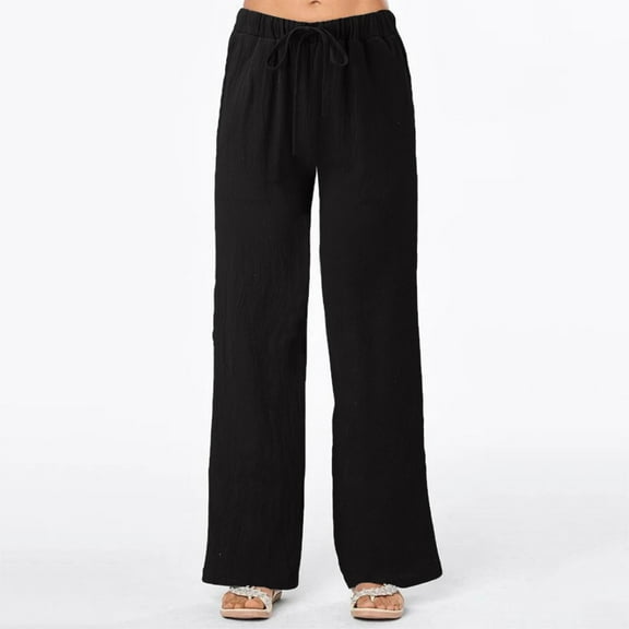 Lroveb Womens Linen Pants, Summer Flowy Wide Leg Palazzo Pants, Solid Bandage Pocket Loose Casual Linen Pants Black