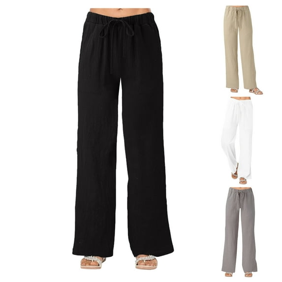 Lroveb Womens Linen Pants, Summer Flowy Wide Leg Palazzo Pants, Solid Bandage Pocket Loose Casual Linen Pants Khaki