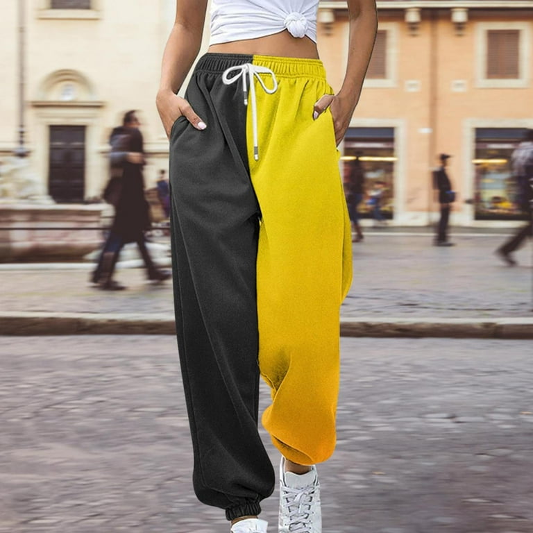 Lroveb Womens Sweatpants with Pockets High Waisted Jogger Pants Baggy Loose Color Blocking Gradient Casual Drawstring Athletic Workout Pants Yellow Walmart