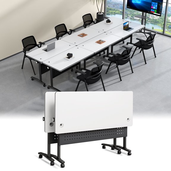 Lrxmastery Folding Conference Table, Commercial Training Desk with Lockable Casters, Sturdy Steel Frame for Classroom & Meeting Room, 2Pack