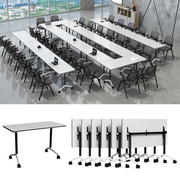 Lrxmastery Folding Conference Table, Commercial Training Desk with Lockable Casters, Sturdy Steel Frame for Classroom & Meeting Room, 6Pack