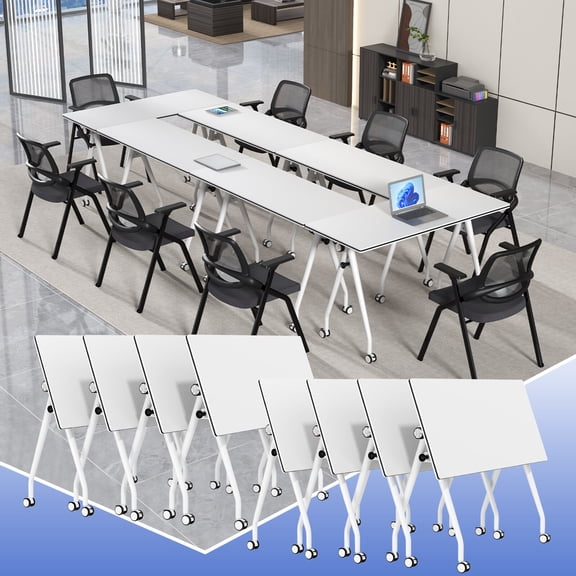 Lrxmastery Folding Conference Table, Commercial Training Desk with Lockable Casters, Sturdy Steel Frame for Classroom & Meeting Room, 8Pack
