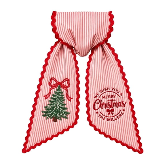 Lshn Christmas Wreath Sash, Red White Striped Wreath Bow Sash with Scalloped Edge, Embroidered Monogram Initial Xmas Tree Wreath Ribbon for Front Door, Farmhouse Home Indoor Outdoor Decor