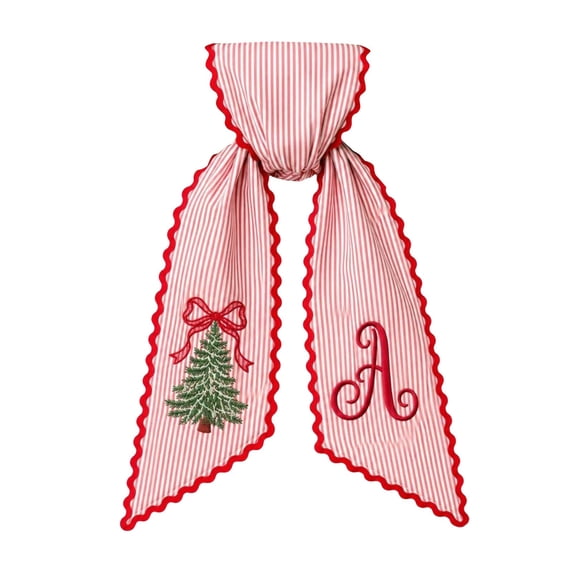 Lshn Christmas Wreath Sash, Red White Striped Wreath Bow Sash with Scalloped Edge, Embroidered Monogram Initial Xmas Tree Wreath Ribbon for Front Door, Farmhouse Home Indoor Outdoor Decor