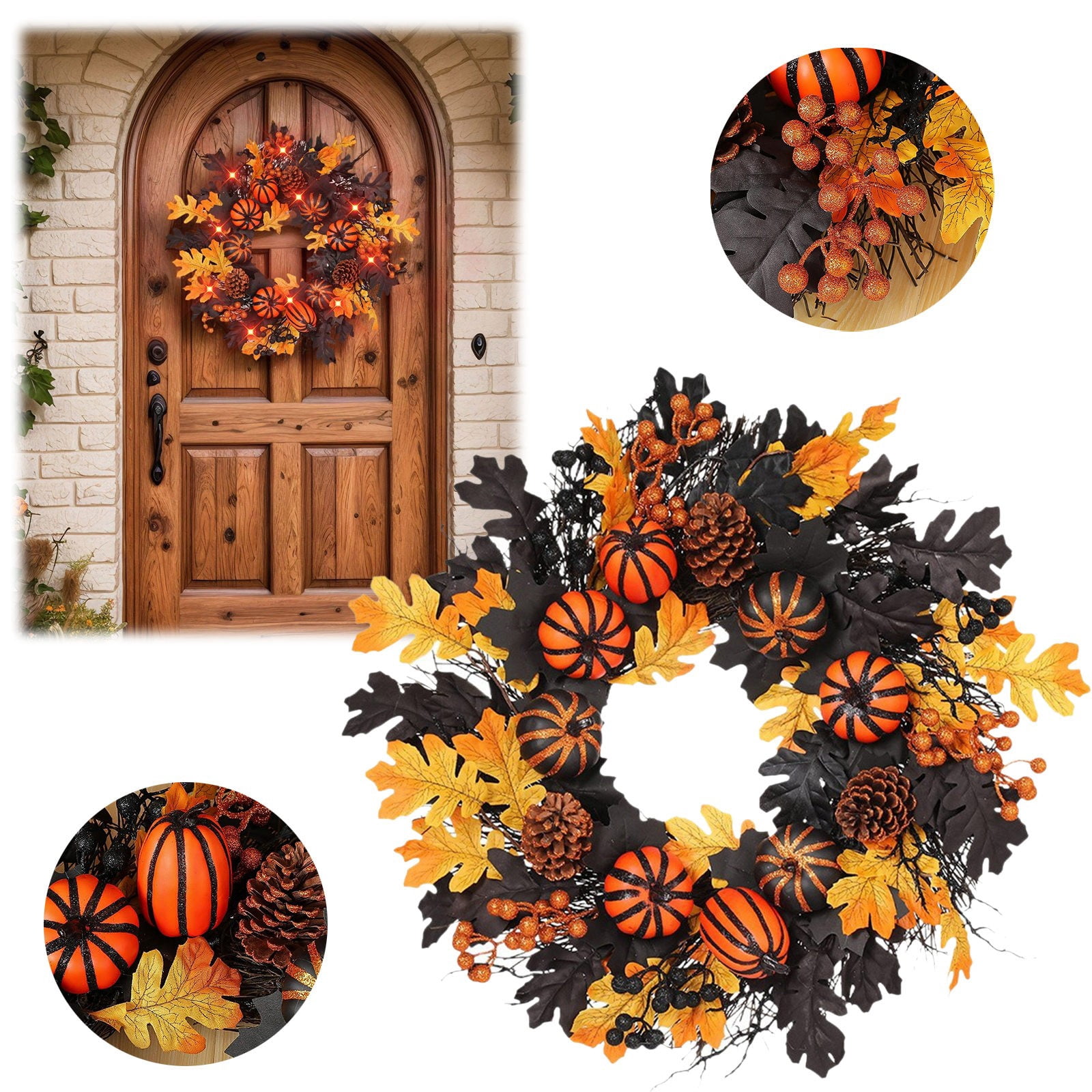 Lshn Fall Wreaths for Front Door with Pumpkins, Large Autumn Harvest ...