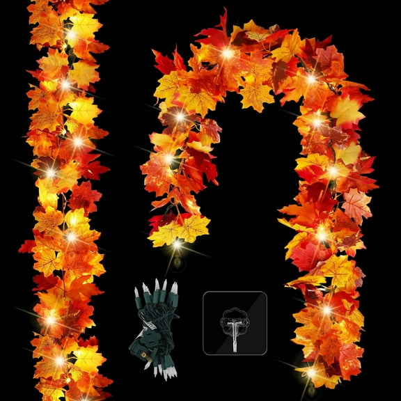 Lshn Lighted Maple Garland,LED Fall Garland - Battery-Operated Maple Leaf Vine with Warm Lights for Fireplace, Festival, Indoor/Outdoor Autumn Party Decoration