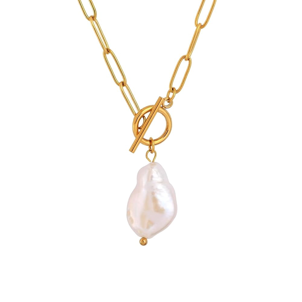Lsnesstla Baroque Pearl Pendant Paperclip Toggle Necklaces for Women 18k Gold Plated Paperclip Chain Necklace Irregular Natural Pearl Jewelry for Wife Girlfriend Mother
