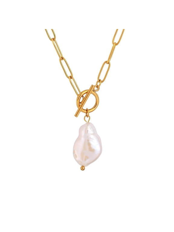 Baroque Pearl Pendant Paperclip Toggle Necklaces for Women 18k Gold Plated Paperclip Chain Necklace Irregular Natural Pearl Jewelry for Wife Girlfriend Mother