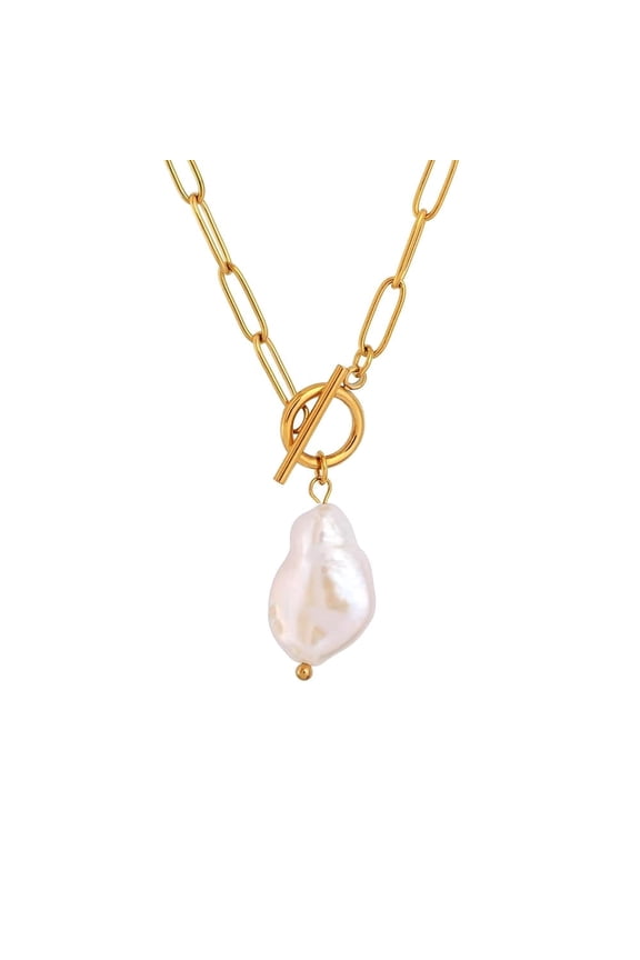 Baroque Pearl Pendant Paperclip Toggle Necklaces for Women 18k Gold Plated Paperclip Chain Necklace Irregular Natural Pearl Jewelry for Wife Girlfriend Mother