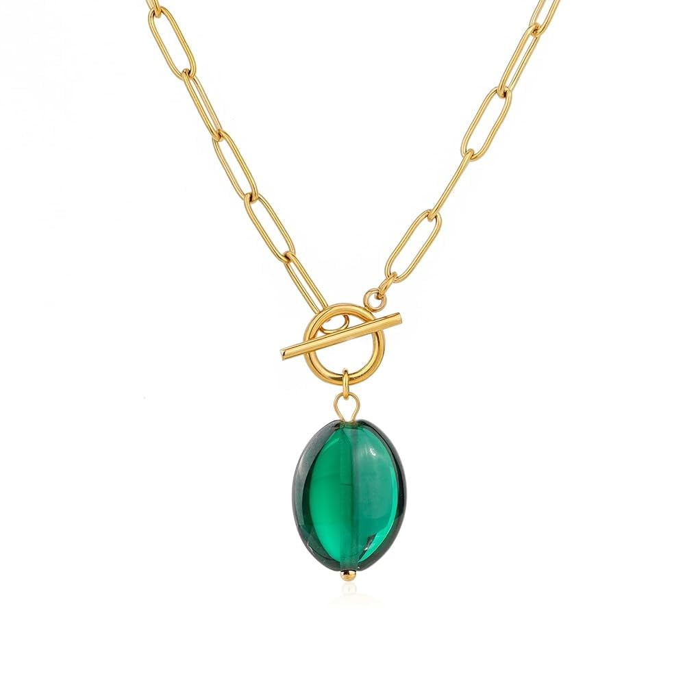 Lsnesstla Emerald Pendant Toggle Paperclip Necklaces for Women 18k Gold Plated Oval Green CZ Chain Pendant Synthesis Emerald Jewelry May Birthstone Gift for Wife Mother Girlfriend