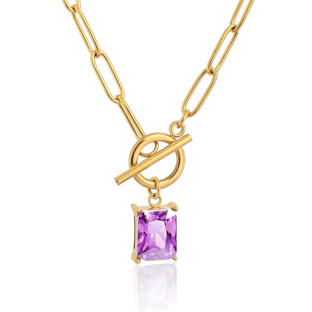 Lsnesstla Emerald-cut Alexandrite Pendant Paperclip Chain Necklace Paperclip Toggle Necklace Alexandrite Jewelry June Birthstone Gift for Women