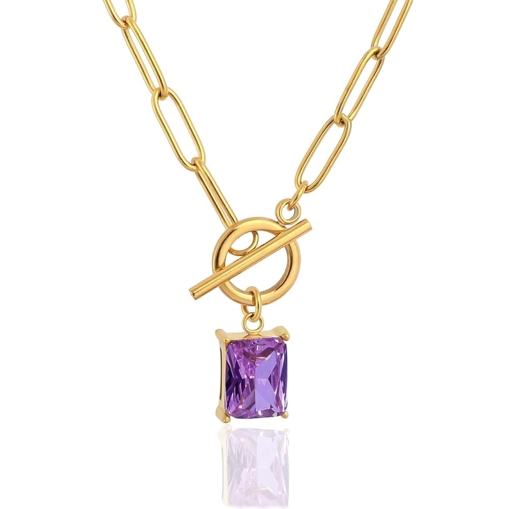 Lsnesstla Emerald-cut Amethyst Pendant Paperclip Chain Necklace Paperclip Toggle Necklace Purple Amethyst Jewelry February Birthstone Gift for Women