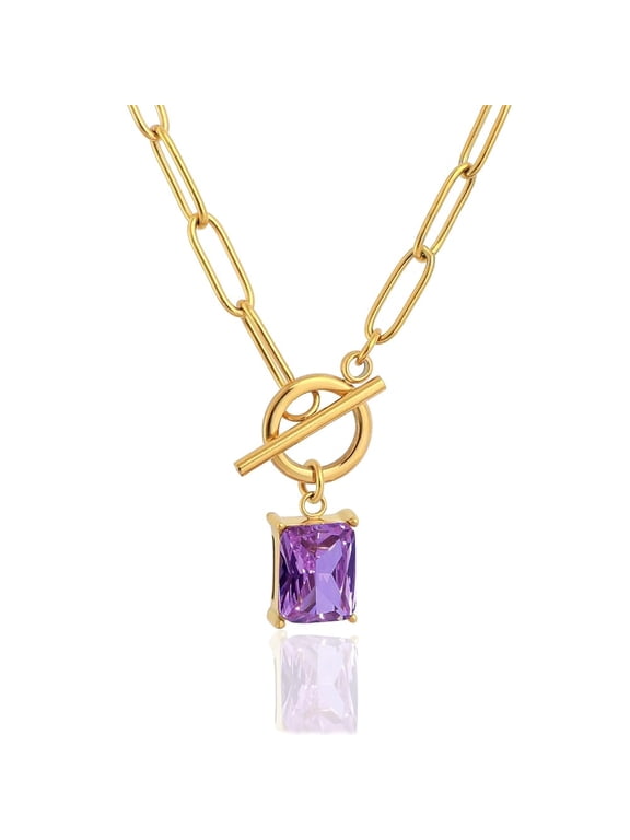 Emerald-cut Amethyst Pendant Paperclip Chain Necklace Paperclip Toggle Necklace Purple Amethyst Jewelry February Birthstone Gift for Women