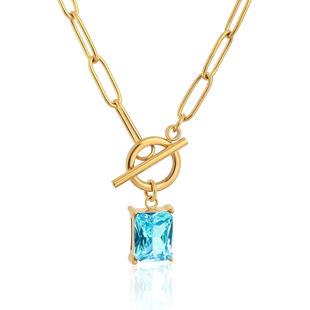 Lsnesstla Emerald-cut Aquamarine Pendant Paperclip Chain Necklace Paperclip Toggle Necklace Blue Aquamarine Jewelry March Birthstone Gift for Women