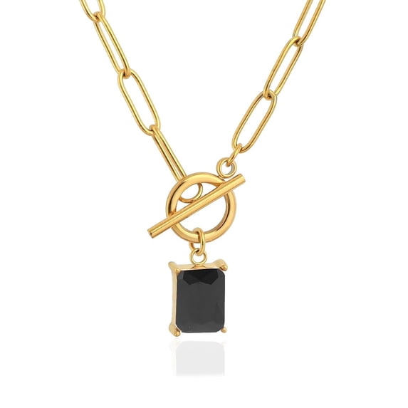 Lsnesstla Emerald-cut Black CZ Pendant Paperclip Chain Necklace Paperclip Toggle Necklace Black Jewelry Gift for Women
