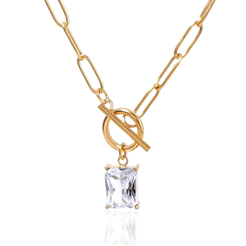 Lsnesstla  Imitation Diamond Pendant Paperclip Chain Necklace  Toggle Necklace Emerald Cut CZ Jewelry April Birthstone Gift for Women
