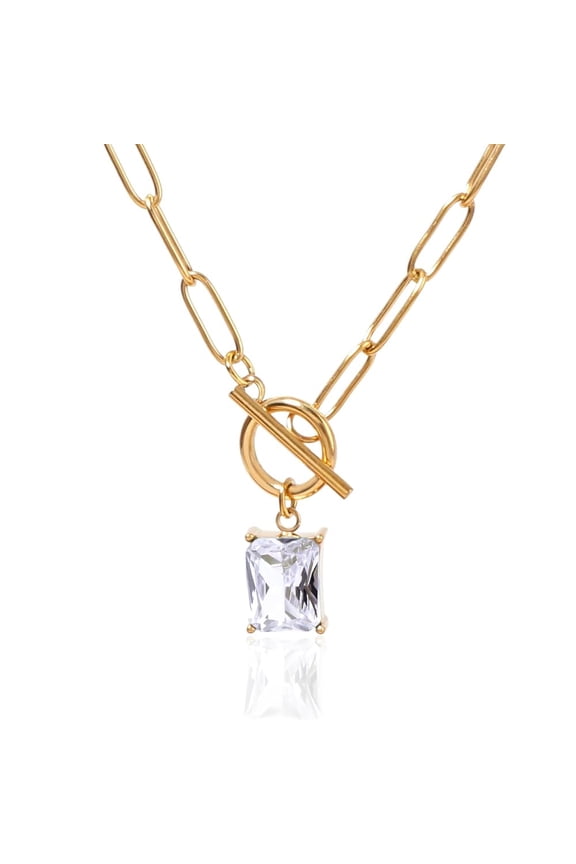 Imitation Diamond Pendant Paperclip Chain Necklace Toggle Necklace Emerald Cut CZ Jewelry April Birthstone Gift for Women