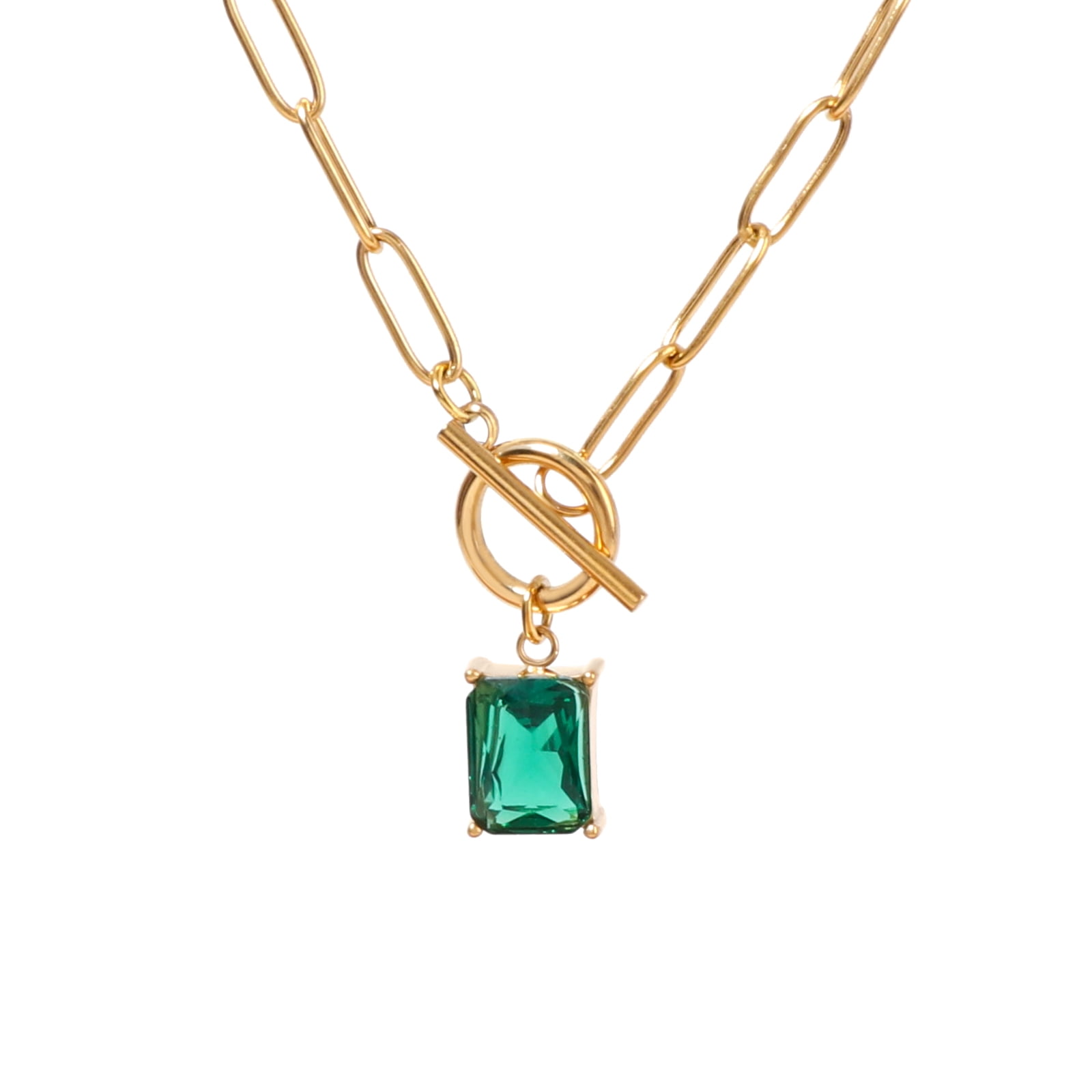 Lsnesstla Simulated Emarald Pendant Paperclip Chain Necklace Paperclip Toggle Necklace Green CZ Jewelry May Birthstone Gift for Women