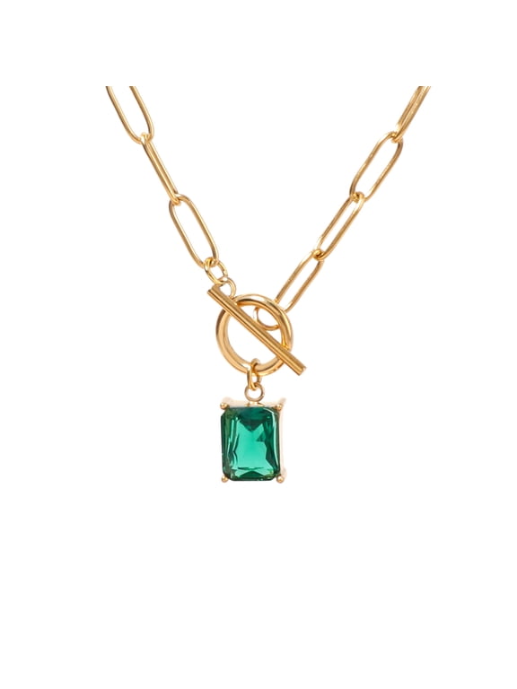 Simulated Emarald Pendant Paperclip Chain Necklace Paperclip Toggle Necklace Green CZ Jewelry May Birthstone Gift for Women